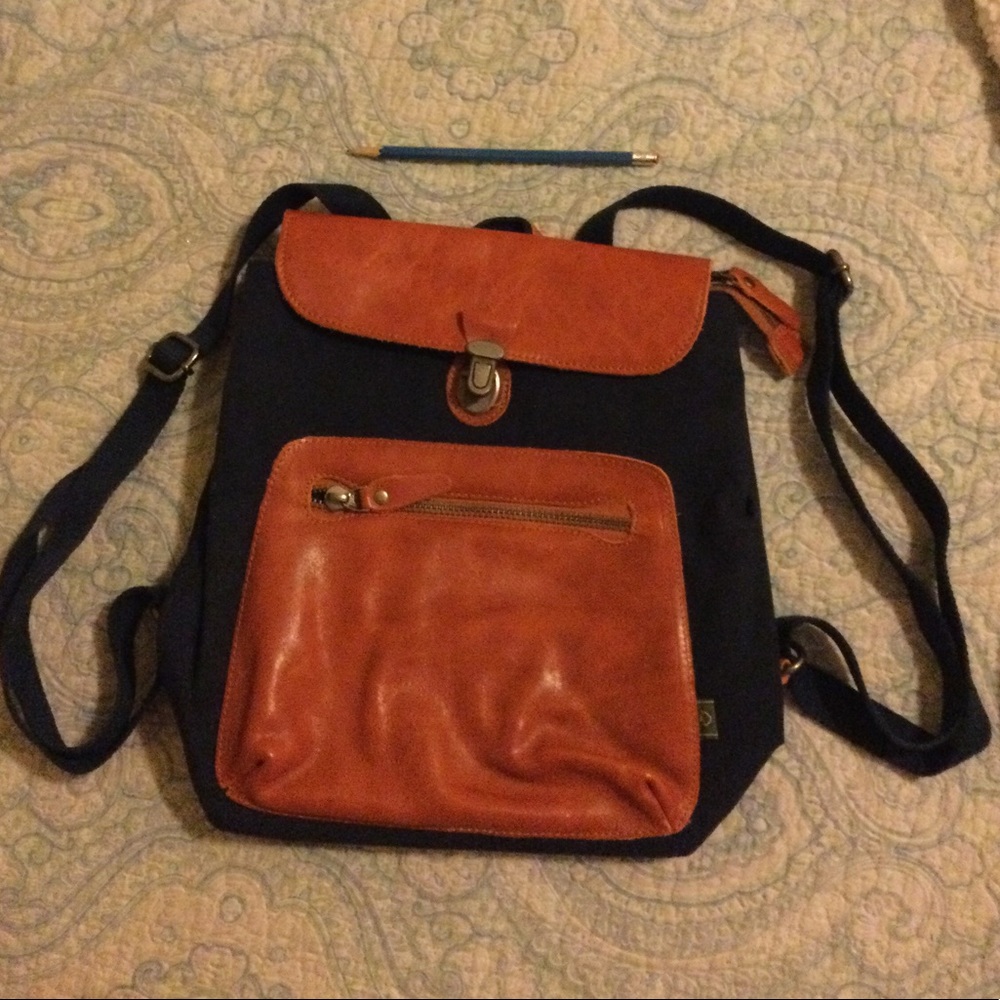TSD brand orange leather/navy blue canvas backpack